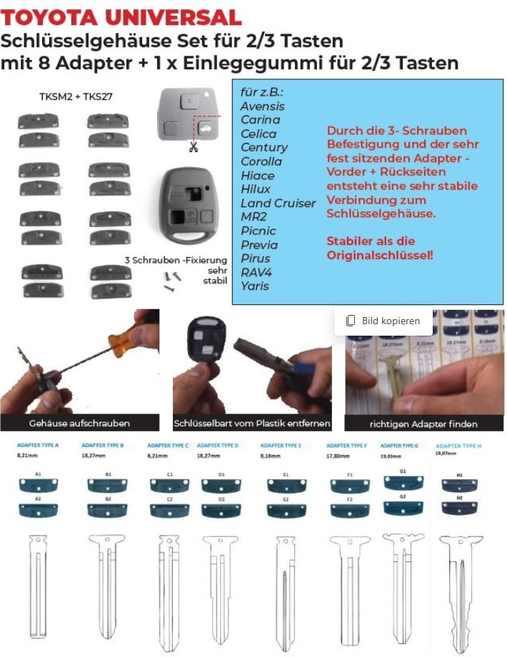 Schlüsselgehäuse 2 oder 3 Tasten mit 8 Adaptern