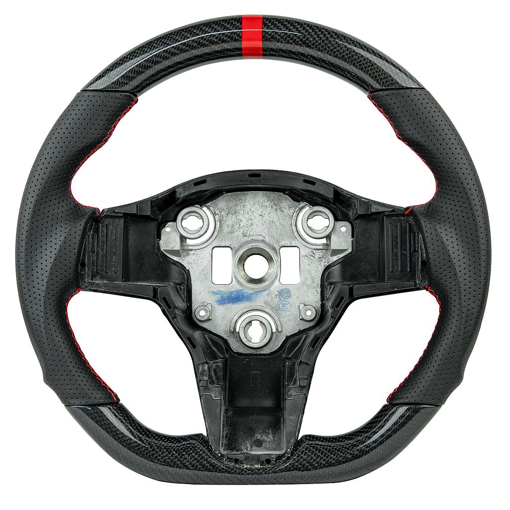 Carbon/Leder Lenkrad Tesla Model 3, rote Naht, rote Anzeige