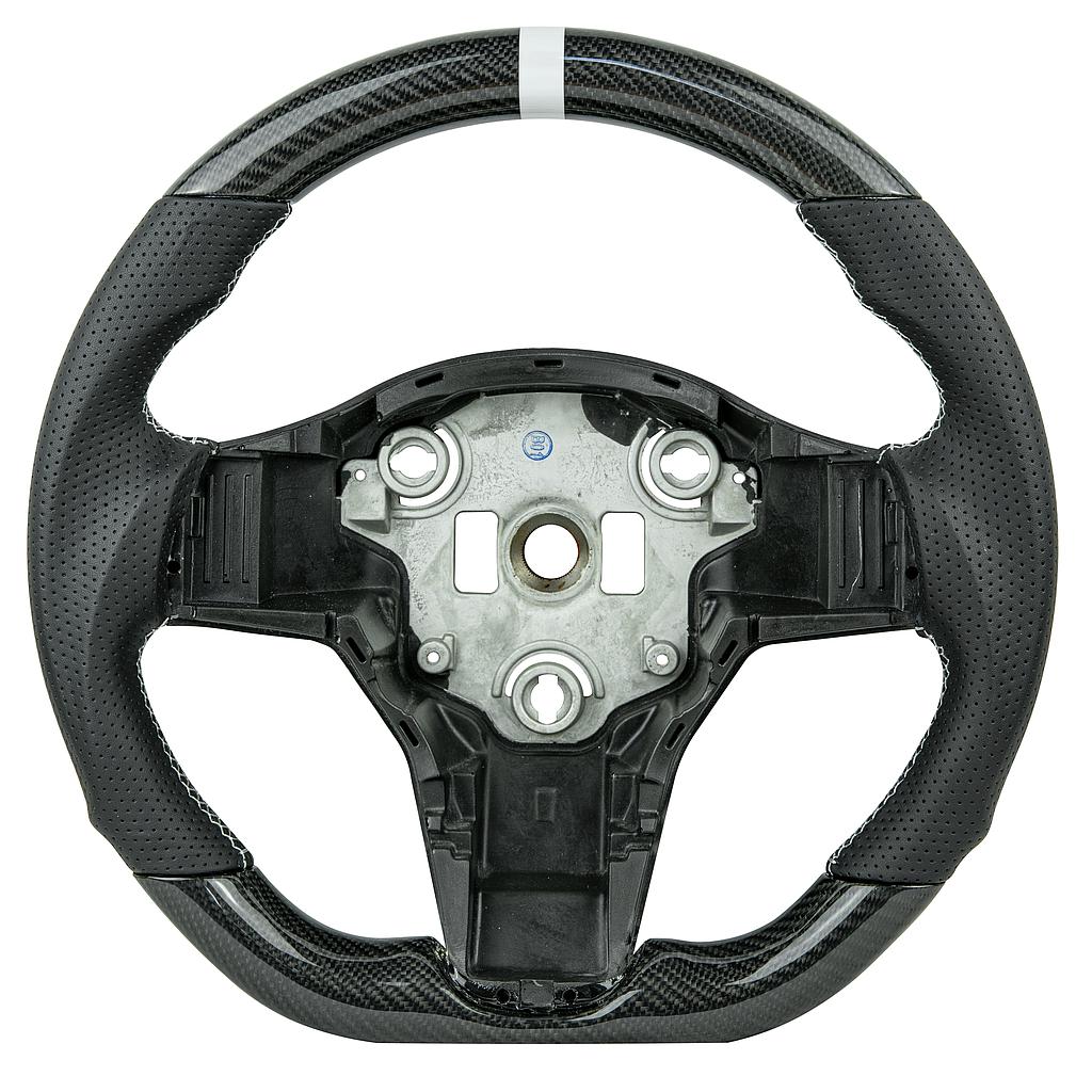Carbon / leather steering wheel Tesla Model 3, silver stitching, white indicator