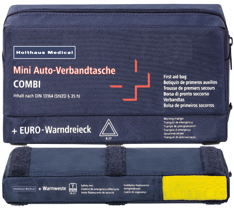 Sacoche combinée -Mini- Contenu : Premiers secours + Triangle de signalisation + Gilet de sécurité