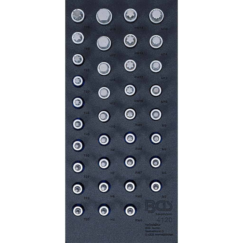 Werkstattwageneinlage 1/3: Bit-Einsatz-Satz | Antrieb Innenvierkant 12,5 mm (1/2") | Innensechskant, T-Profil (für Torx), Innenvielzahn (für XZN), Keil-Profil (für RIBE) | 36-tlg.