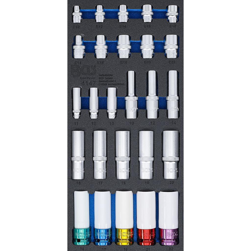 Werkstattwageneinlage 1/3: Steckschlüssel-Einsätze | Sechskant, tief 11 - 22 mm | E-Profil E10 - E22 | 6,3 mm (1/4&quot;), 10 mm (3/8&quot;), 12,5 mm (1/2&quot;) | 26-tlg.