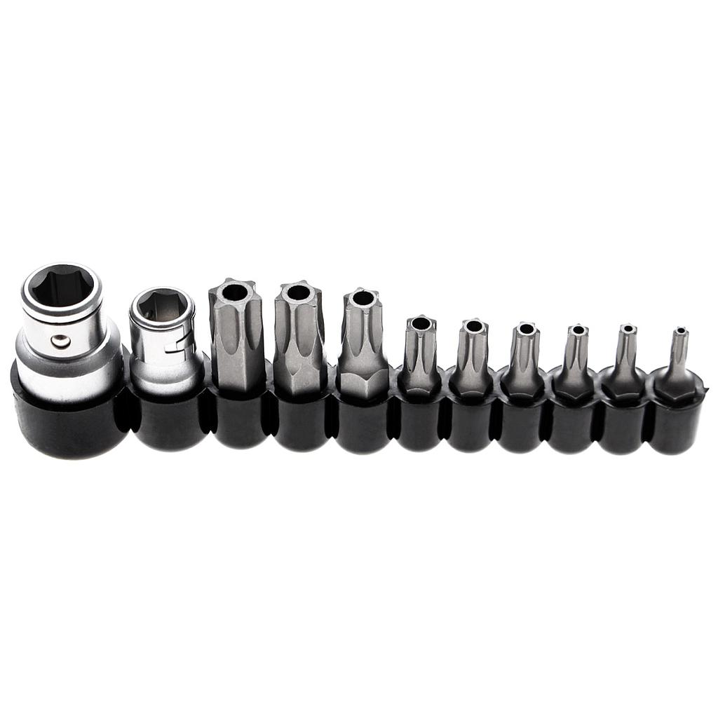 Bit-Satz | Antrieb Aussensechskant 6,3 mm (1/4&quot;) / 10 mm (3/8&quot;) | T-Profil (für Torx) mit Bohrung | 11-tlg.